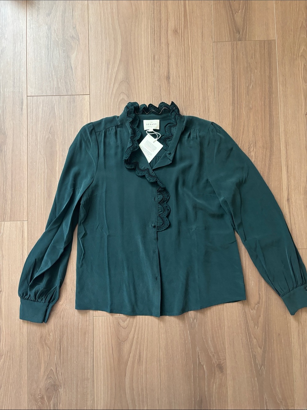 Sezane Dark Green Scalloped Ruffle Silk Blouse